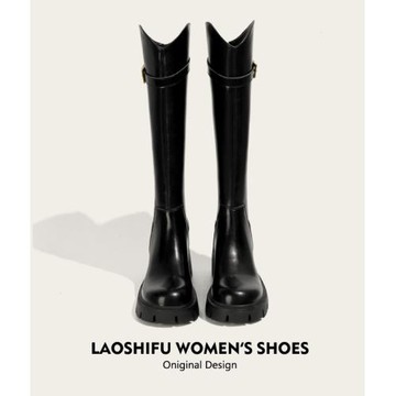 真皮V口長筒靴女2025新款秋冬加絨增高厚底高筒長靴粗跟騎士靴子