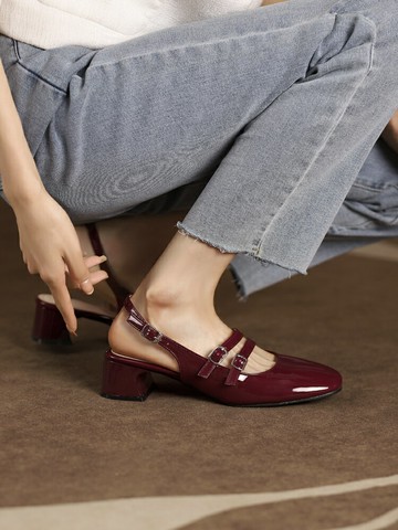 瑪麗珍單鞋女 法式氣質涼鞋女2025年新款粗跟高跟鞋中跟復古紅色瑪麗珍單鞋女夏