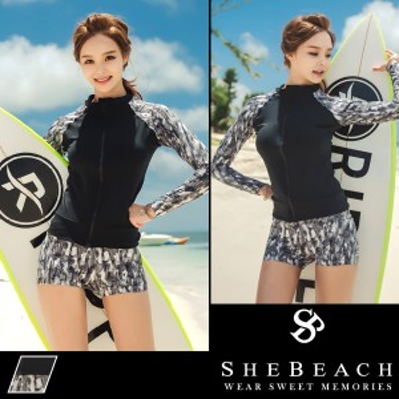 即納 水着 レディース 長袖 ラッシュガード ショートパンツ 2点セット 韓国ブランド Shebeach シービーチ 正規品 体型カバー 短パン 大人 通販 Lineポイント最大1 0 Get Lineショッピング