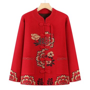 [米蘭精品] 現貨+預購 高級針織衫上衣秋冬毛衣開衫寬鬆大碼休閒女裝媽媽裝-唐裝加絨女外套2色74mo18