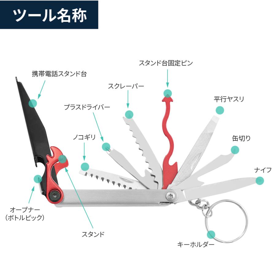 キャンプ用品 マルチツール ナイフ ドライバー オープナー 缶切り ヤスリ スクレーパー スマホスタンド ワイルドプロS071