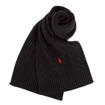 POLO Ralph Lauren刺繡小馬羊毛混紡麻花針織圍巾(黑色)780945｜GoBrand購名牌