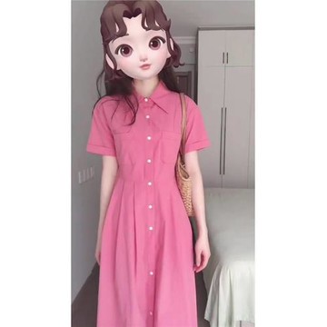大碼夏日多巴胺梨形身材長裙通勤漂亮氣質粉色短袖連衣裙子女2