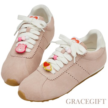 【Grace Gift】Care Bears -復古愛心小熊麂皮休閒運動鞋 (附芭蕾少女DIY改造包) 粉紅