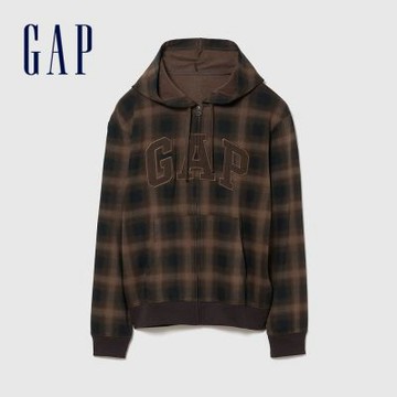 【GAP】寬鬆Gap Logo法式毛圈布拉鍊連帽外套-棕色格紋(907373)