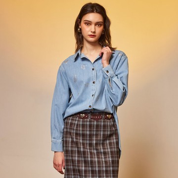 皇冠閃鑽輕牛仔襯衫上衣_藍色【MON'S 流行服飾】