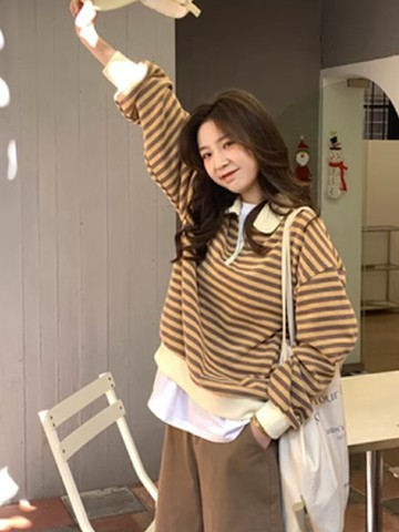 Polo領拉鏈衛衣女年新款秋裝韓國ins休閑寬松慵懶風條紋上衣