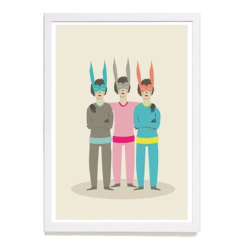 【摩達客】西班牙插畫家Judy Kaufmann海報掛畫-三胞胎兔面具(附簽名)(含木框)