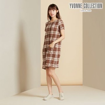 YVONNE 以旺傢飾 天絲棉格紋短袖洋裝-可可棕