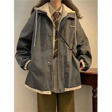 品牌旗下minette春秋外套女寬松連帽假兩件沖鋒衣夾克披風上衣潮