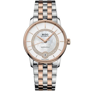 MIDO美度 BARONCELLI 永恆系列 珍珠貝真鑽機械腕錶 33mm / M0378072203100