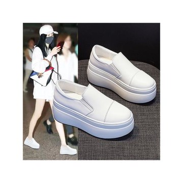 楊冪同款厚底小白鞋女2025年秋季新款真皮一腳蹬8cm樂福休閑單鞋