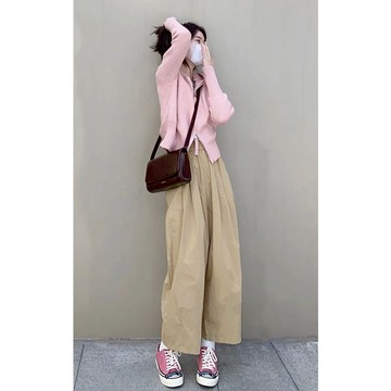 運動套裝上衣闊腿褲兩件茶里茶氣鹽系奶乖活潑減齡韓劇小香風女秋冬季【聚宝屋】