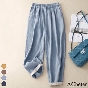 【ACheter】棉麻感九分褲大碼寬鬆顯瘦鬆緊高腰文藝哈倫蘿蔔褲# 118657 (現貨+預購)