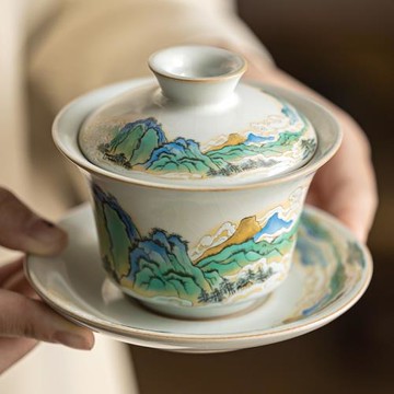 汝窯開片可養千里江山三才蓋碗陶瓷功夫茶具家用復古手繪禮盒敬茶