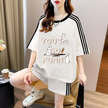 🥇2025夏季新款韓版大碼女裝運動短袖短褲兩件套套裝純棉學院風印花寬鬆顯瘦休閑褲微胖女生遮肉百搭健身服套裝
