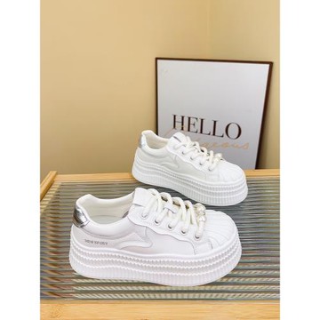 韓版真皮小白鞋女2024秋季新款百搭超火貝殼頭厚底板鞋小個子輕便