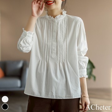 【ACheter】文藝寬鬆顯瘦百搭花邊領棉麻襯衫上衣# 111805(現貨+預購)
