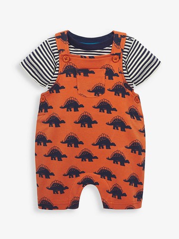 英倫經典。恐龍圖案吊帶褲。附英國條紋上衣。 套裝