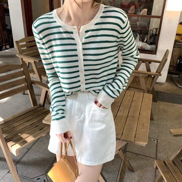 長袖條紋針織衫女2025年秋冬季韓版單排扣低圓領顯瘦羊毛開衫外套