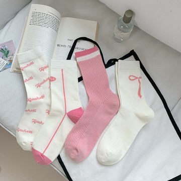 左右襪業 春夏新款粉色系薄款棉質韓版堆堆學院風小清新蝴蝶結中筒襪女現貨精品