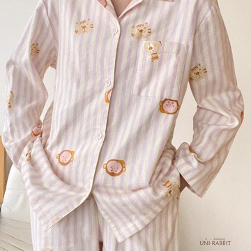 日系卡通精緻奢華粉條紋長袖春秋季翻領韓版開衫家居服套裝長袖睡衣女生睡衣可愛睡衣睡衣長袖睡衣女生
