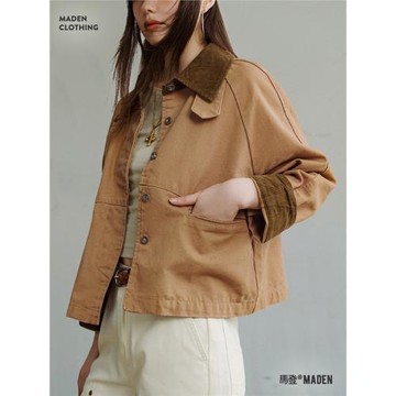 馬登巴恩風美式工裝圣達菲夾克燈芯絨拼接帆布外套翻領上衣秋季女