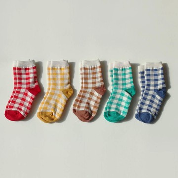 韓國連線 - (五入組)韓製兒童中筒襪-彩色格紋