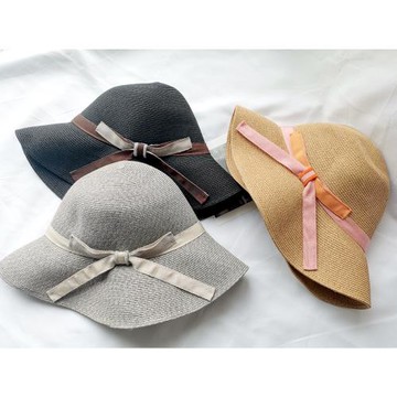 出口日本2023新品UV防曬細織帶蝴蝶結草帽沙灘遮陽漁夫帽女可折疊