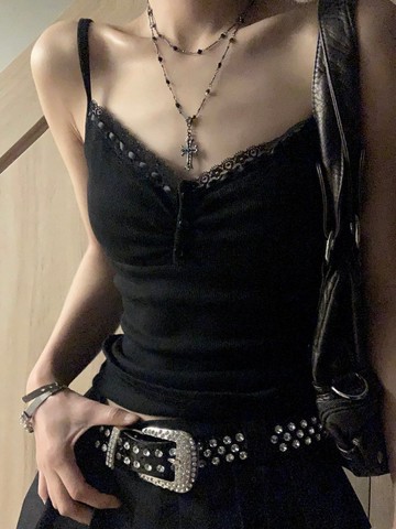 純欲黑色蕾絲吊帶背心女夏季新款內搭打底衫緊身顯瘦辣妹短款上衣—貼心服飾