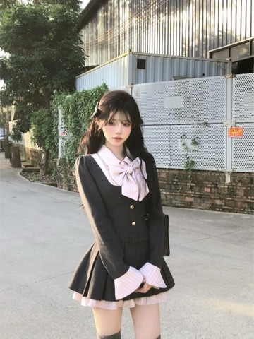 失落樂園純欲短裙秋季收腰顯瘦甜美學院風洋裝撞色拼接百褶連衣裙女【步行者戶外生活館】