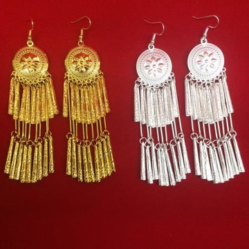 12cm大涼山長款彝族民族風圓形碟狀流蘇個性耳環合金電鍍苗耳飾品