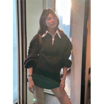 慵懶風灰色假兩件POLO領毛衣女春秋韓系設計感寬松顯瘦針織衫上衣