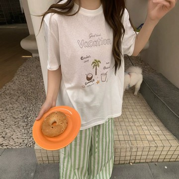 韓系小清新椰樹印花短袖T恤 夏季寬鬆透氣顯瘦上衣 圓領短袖T恤 女裝 可愛短袖上衣