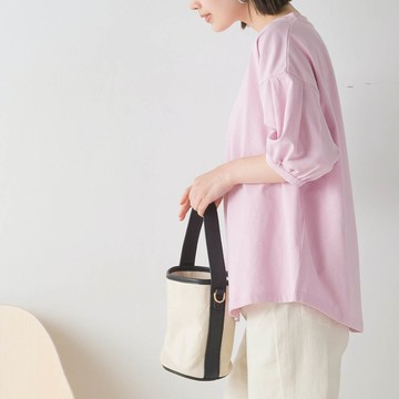 日本 OMNES - 撥水加工 圓領泡泡五分袖上衣-淺粉