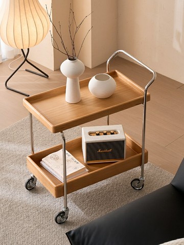 移動推車置物架  不銹鋼雙層實木邊幾可移動中古小推車家用客廳收納置物架簡約餐車