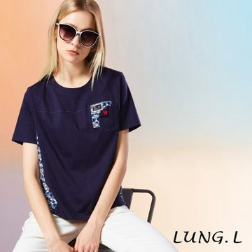 LUNG.L林佳樺  深藍色前素面後花異材拼接造型短袖女裝上衣  LU89A