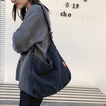 韓系牛仔斜挎大包原宿慵懶風大容量單肩斜挎包日系復古休閑學生包