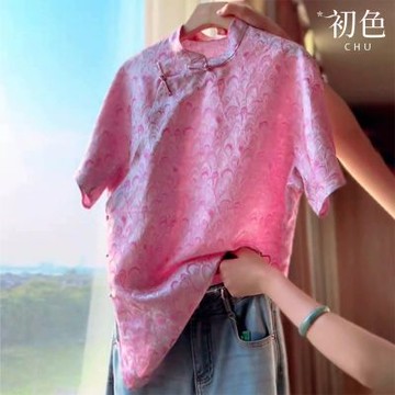 初色 新中式復古緹花立領短袖襯衫上衣女上衣-粉色-13264(M-2XL可選)