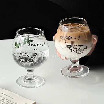 ins風韓式可愛小狗玻璃杯高腳杯啤酒杯創意氣泡水杯果汁杯果酒杯