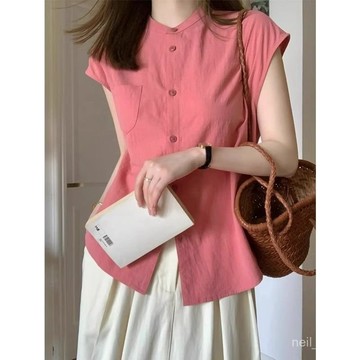 P3-棉麻上衣 短袖上衣 夏天衣服 棉麻 法式粉色小飛袖棉麻短袖新款襯衫感小眾夏季寬鬆亞麻襯衣設計上衣