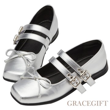 【Grace Gift】搖滾甜心蝴蝶結雙帶芭蕾舞瑪莉珍鞋 銀