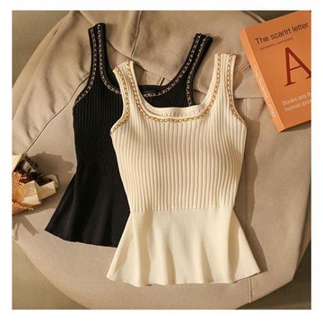 【米蘭精品】現貨+預購 針織背心無袖T恤-U領鍊條吊帶內搭女上衣2色74kx7