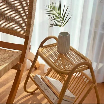 網紅藤編收納小茶幾雙層角幾簡約民宿日式邊幾迷你侘寂風床頭櫃S-67