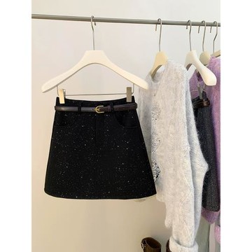 亮片毛呢半身裙女大碼胖mm高腰顯瘦口袋a字包臀裙氣質小香風短裙