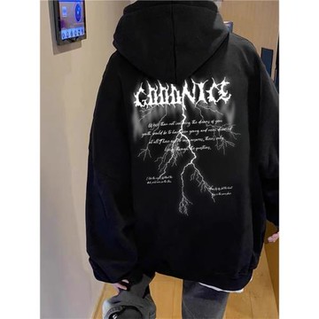 2024新款連帽衛衣美式復古潮牌閃電字母印花男生痞帥炸街寬松上衣