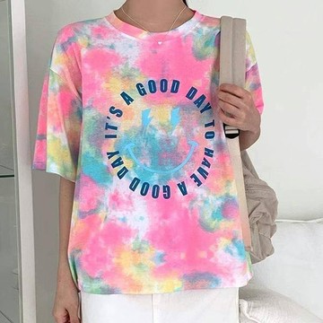 ANNAS 正韓 笑臉 暈染 渲染 短袖 T 上衣 棉T 扎染 水彩 潑漆 漸層 彩色 彩虹 螢光 微笑 潮流 韓國