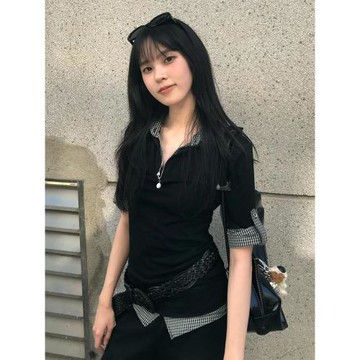 學院風polo衫短袖女夏季撞色格紋假兩件修身t恤vintage甜辣上衣潮