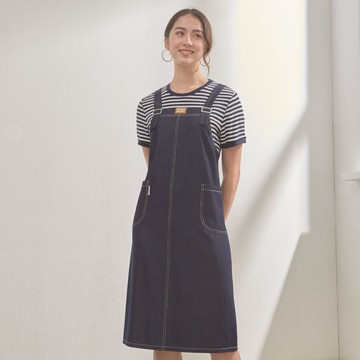 ★【喜芝梅】海風日常 條紋短袖搭配牛仔吊帶裙假兩件式連身洋裝(藍色；M-2L) 126600197