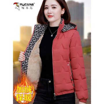 啄木鳥加絨棉衣女冬季2025新款中年媽媽洋氣冬裝棉服加厚棉襖外套